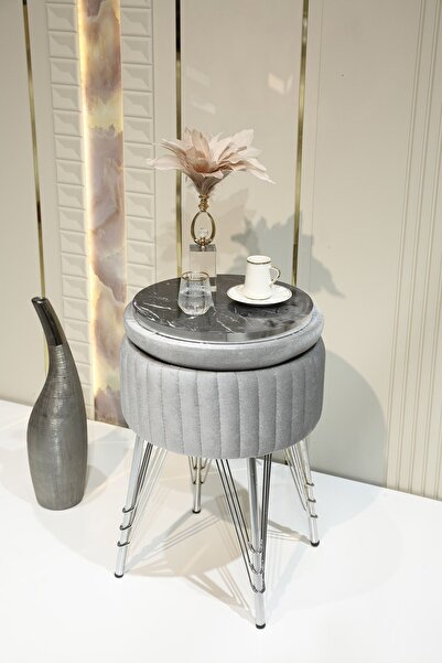 Sare Home Bianco Metal Ayaklı Sehpalı Puf Krom Gümüş Gri (CHROME SİLVER GRAY)