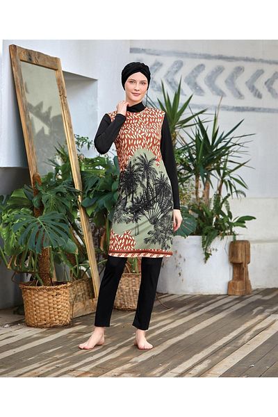 Kapılı Women's Lycra Long Sleeve Palm Pattern Full Covered Hijab Swimsuit
