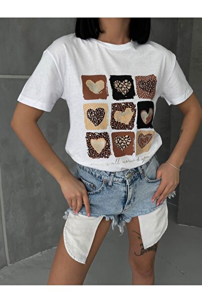 Butik Serdivan Trend Νέα Σεζόν - Γυναικείο T-Shirt με Λευκή Καρδιά 100% Βαμβάκι