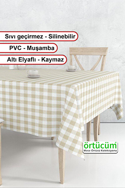 Örtücüm Krem Beyaz Pötikareli Astarlı Pvc Muşamba Masa Örtüsü Leke Tutmaz Sil...