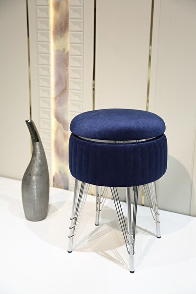 Sare Home Bianco Metal Ayaklı Sehpalı Puf Krom Koyu Mavi (CHROME DARK BLUE)