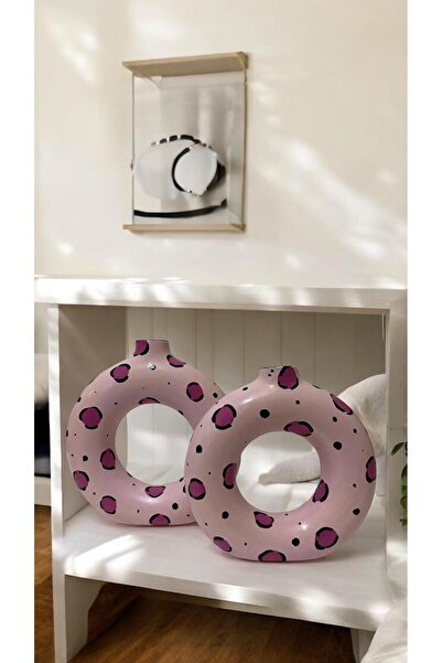 Porselian Handmade Pink Patterned Decorative Modern 2-Piece Ring Bohemian Vase