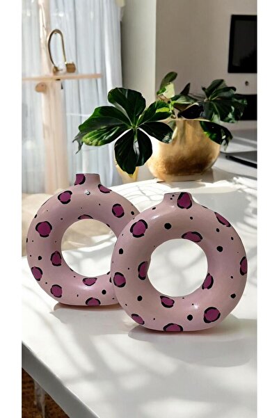 Porselian Handmade Pink Patterned Decorative Modern 2-Piece Ring Bohemian Vase