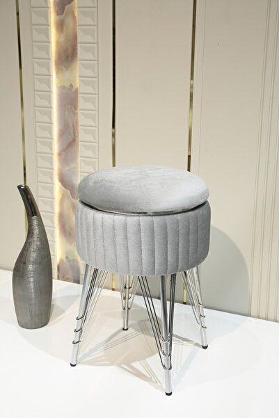 Sare Home Bianco Metal Ayaklı Sehpalı Puf Krom Gümüş Gri (CHROME SİLVER GRAY)