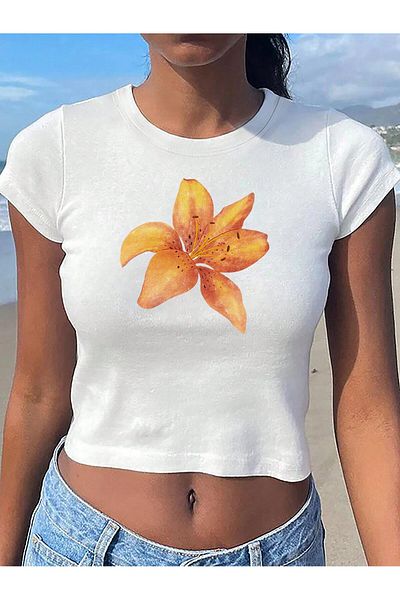 Bengi Clothing Λευκό εμπριμέ γυναικείο Crop Top - Y2k κοντομάνικη μπλούζα
