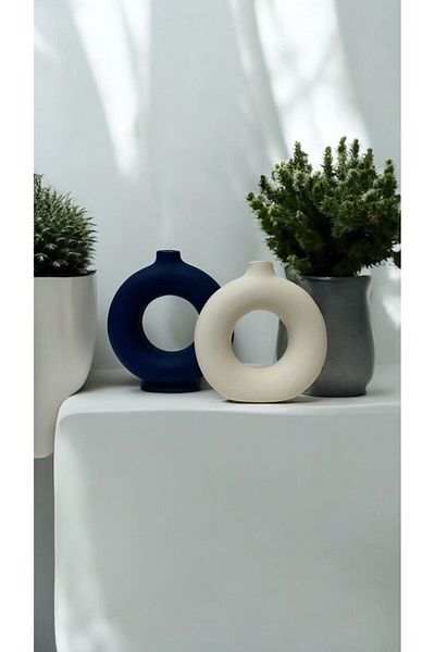 Porselian Handmade Dark Blue and Cream Color Decorative Modern 2-Piece Ring Bohemian Vase