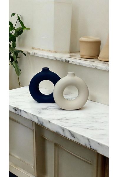 Porselian Handmade Dark Blue and Cream Color Decorative Modern 2-Piece Ring Bohemian Vase