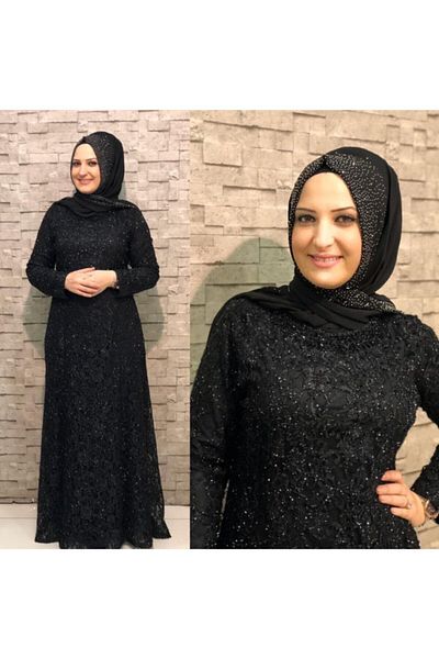 Butik büyük beden Дамска черна дантелена рокля