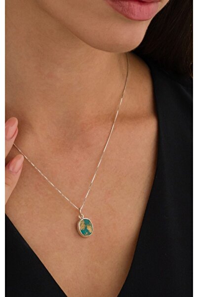 Ricco Jewellery 925 Ayar Gümüş Doğal Firuze Taşlı El Işi Oval Kolye