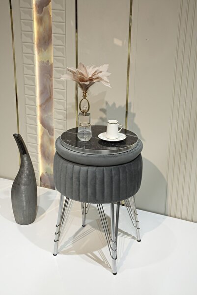 Sare Home Bianco Metal Ayaklı Puflu Sehpa Krom Antrasit Gri (CHROME ANTHRACİT...