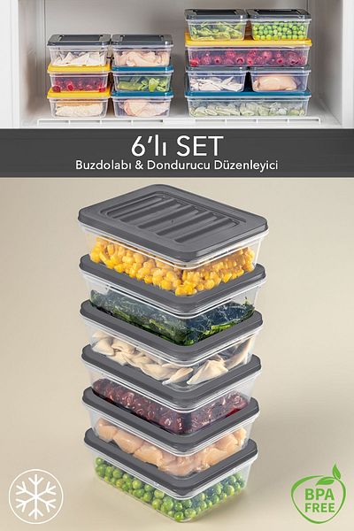 Meleni Home 6-Piece Anthracite 6 X 600 ml Refrigerator Organizer - Microwave and Diffraction Convenient Storage Container