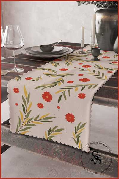 Saso Krem Zemin Üzerine Çiçekler Desenli Dijital Baskılı Kadife Runner