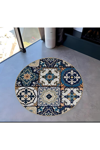 Rugs Modern Halı Mira Round Blue Tones Antique Tile Pattern Detailed Decorati...