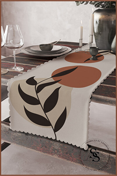 Saso Kiremit - Krem Zemin Üzerine Kahverengi Yapraklar Desenli Dijital Baskıl...