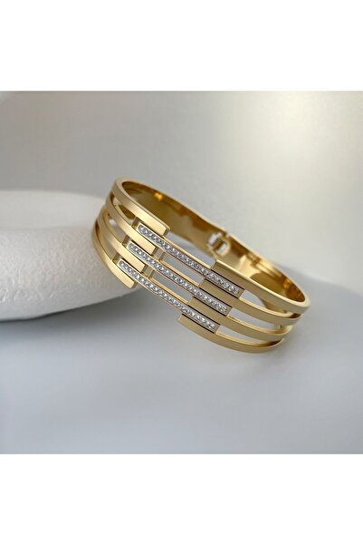 nerora Paslanmaz Çelik Kaburga Kelepçe Bileklik Üç Sıralı Taşlı Gold