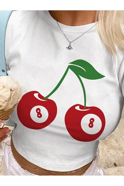 Bengi Clothing Λευκό εμπριμέ γυναικείο Crop Top - Y2k κοντομάνικη μπλούζα