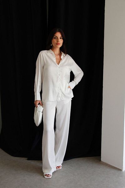 Julishop White Leopard Print Satin Set - Premium Embossed Shirt and Trousers
