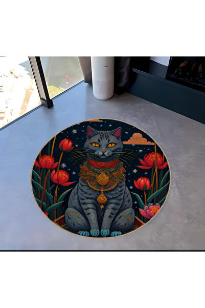 Rugs Modern Halı Mira Round Multicolored Cat Illustration Modern Decorative C...
