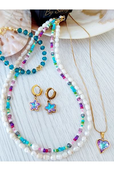 By Song Aksesuar Steel necklace and earring set with real pearls