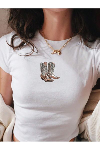 Bengi Clothing Λευκό εμπριμέ γυναικείο Crop Top - Y2k κοντομάνικη μπλούζα