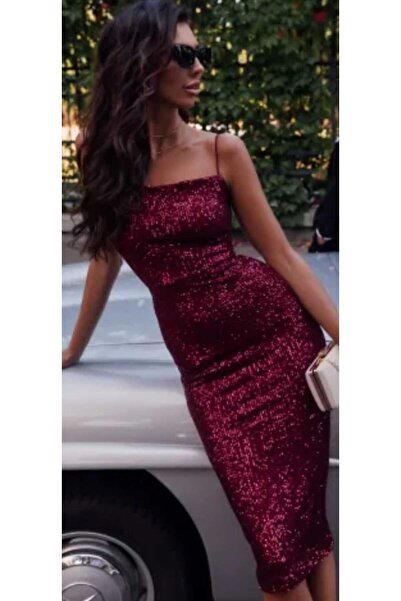 hilaltrendd Askılı yırtmaç detaylı pulpayet kalem elbise