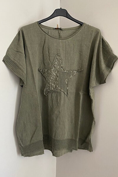 AYASOFYA OTANTIK Χακί γυναικεία μπλούζα - παγιέτες, μανίκια και φούστα με αστέρια, διχτυωτό λεπτομέρεια Oversize Loose 100% βαμβάκι