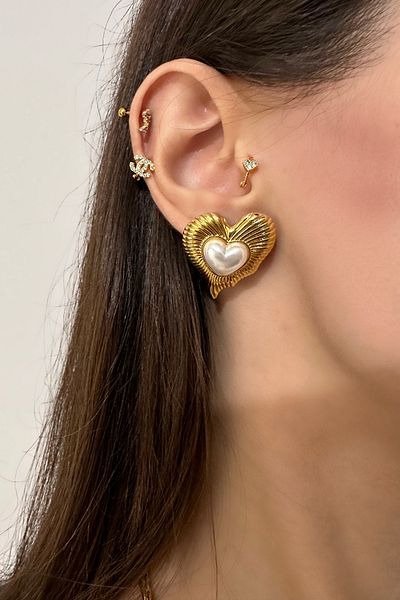Okko Store Steel Pearl Model Heart Earrings