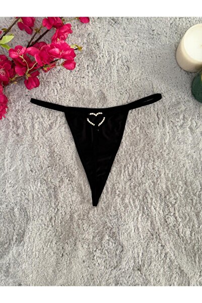 Oprah Kadın Taşlı Kalp Aksesuarlı Seksi String Fantezi Külot