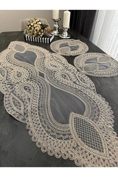 sewev طقم مفرش طاولة من الدانتيل مكون من 3 قطع (حجم كبير)