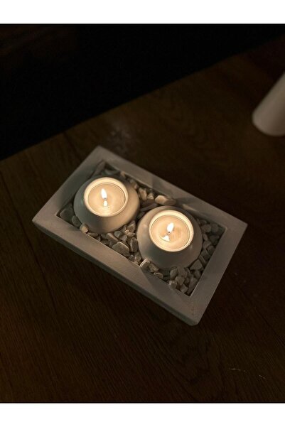 LİNECRAFT El Yapımı Tepsili 2'li Beton Mumluk Tealightlık Taşlar Ve Mumlar Da...