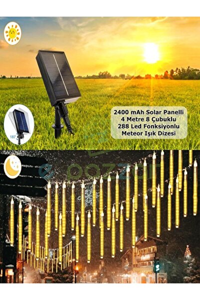 For Prime Solar Panelli Fonksiyonlu 4 Mt. 288 Led 8 Çubuk Günışığı Meteor Işık Dizeleri Led Aydınlatma