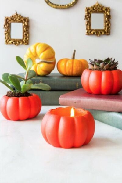 BURCU Bc Design Beton 3'lü Turuncu Balkabağı Saksı Ve Mumluk