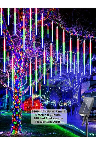 epazzar Solar Panelli Fonksiyonlu 288 Led 4 Mt. 8 Çubuk RGB Meteor Işık Dizel...