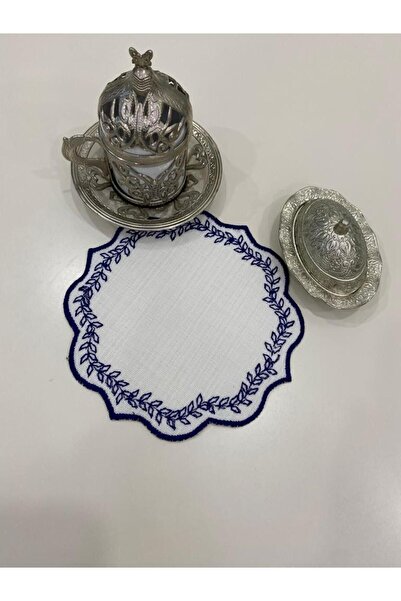 İNCİ ÇEYİZ 6 Adet Keten Kumaş Üzeri Yaprak Desen Nakışlı Kahve Yanı Kokteyl Peçetesi & Bardak Altlığı.