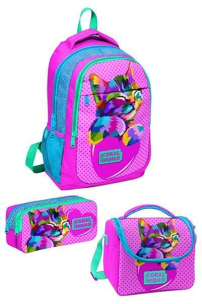 Coral High Pink Blue Glitter Cat Patterned Set of 3 - School Backpack and Lunch Pencil Bag