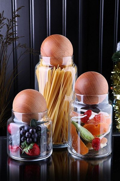 FBZhome 3-Piece Decorative Glass Jar with Wooden Ball Lid Storage Container Sugar Bowl Snack Bowl