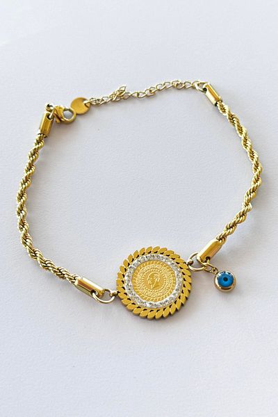 TAKIŞTIR Gold Color Quarter Figured Evil Eye Bead Detailed Steel Bracelet