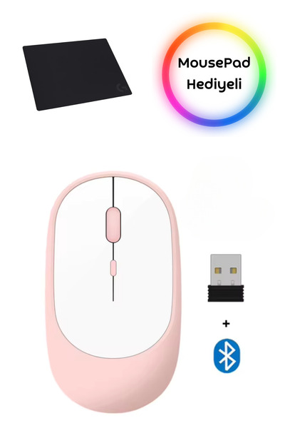 AFKTECH Kablosuz Sessiz Wireless Ve Bluetooth Mouse Ergonomik Sağ-Sol El Kullanımına Uygun Mousepad Hediyeli