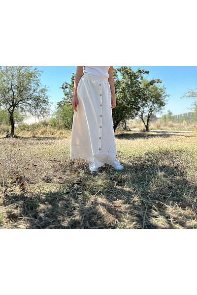 EMZEYN Cream Colored A-Line Skirt - Buttoned Front and Pocket