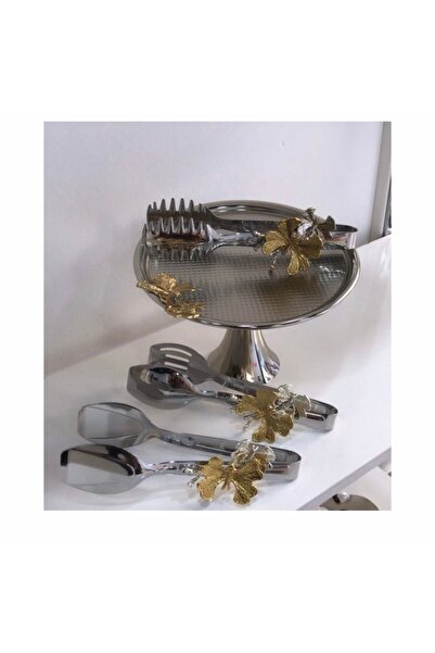 Elzem Decorative 2 Different Model Silver Cake Stands and 3-Piece Tongs Set with Butterfly