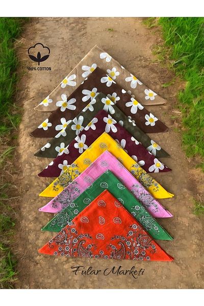 Fular Marketi 8 Pieces Daisy and Crush Patterned 100% Cotton Bandana
