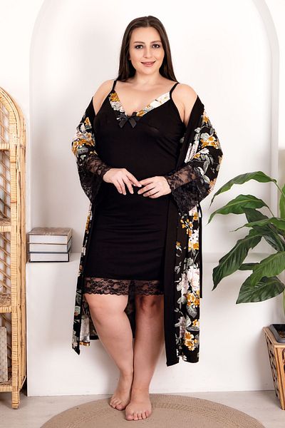 Jenny Daphne Lady Viscose Fabric Floral Patterned 2-Piece Nightgown and Dressing Gown Set - 19202