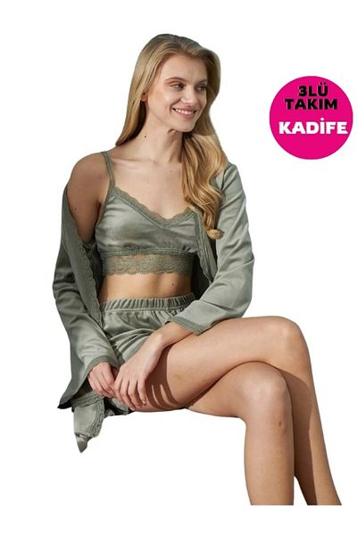 bie's Khaki Velvet Pajama Set with Shorts - Crop Rope Strap, Lace Detail, Long Sleeve and Morning Gowns