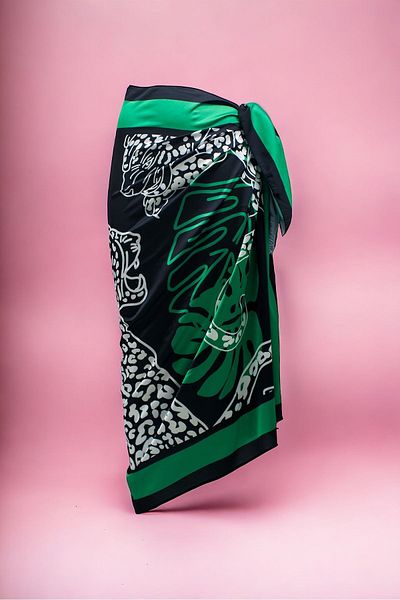 pistore Green and White SatinPareo- Lion Face and Panel Pattern, Long Beach Dress, New Season