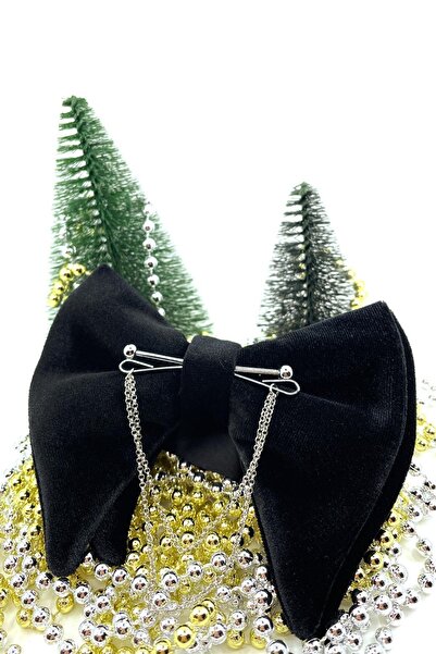 Kravatkolik Black Velvet Large Bow Tie with Silver Color Chain P1407