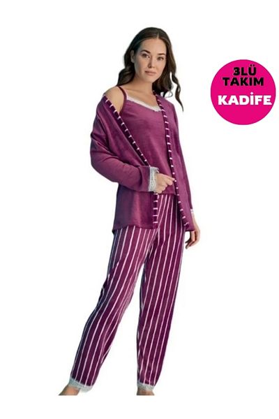 BIES Velvet Pajama Set with Rope Strap, Plum Striped and Lace Detail - with Morning Gowns (3 Pieces Dowry Set)
