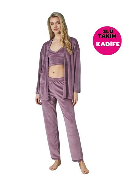 bie's Lilac Velvet Pajama Set - Crop Cut, Rope Strap, Lace Detailed, Long Sleeve and Dressing Gown Set (3 Pieces Set)