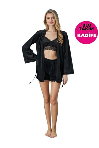 bie's Set de pijamale din catifea cu bretele din frânghie și dantelă neagră - mânecă lungă și pantaloni scurți peignoir (SET DE ZORNĂ)