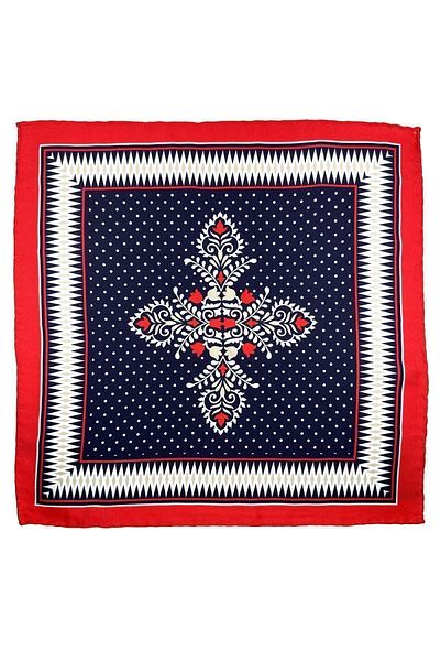 Kravatkolik Men's Pocket Handkerchief - Red Navy Blue Motif Pattern, SPS617-98