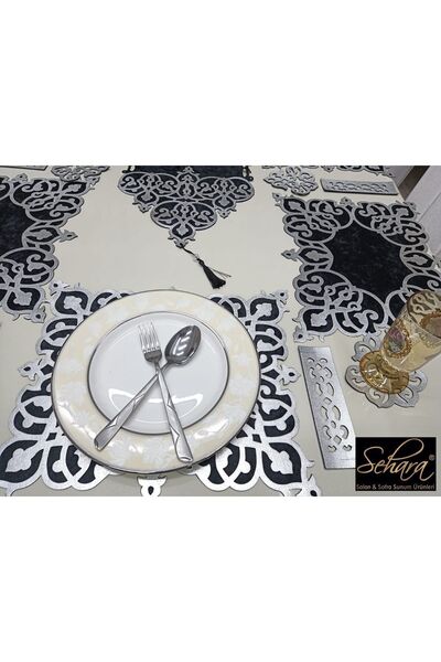 SEHARA 1 Runner(100X32)/6 A.servis(33X33)/6 B.altlığı/6kaşıklık/19parça/sofra Takımı/kadife/siyah-gümüş